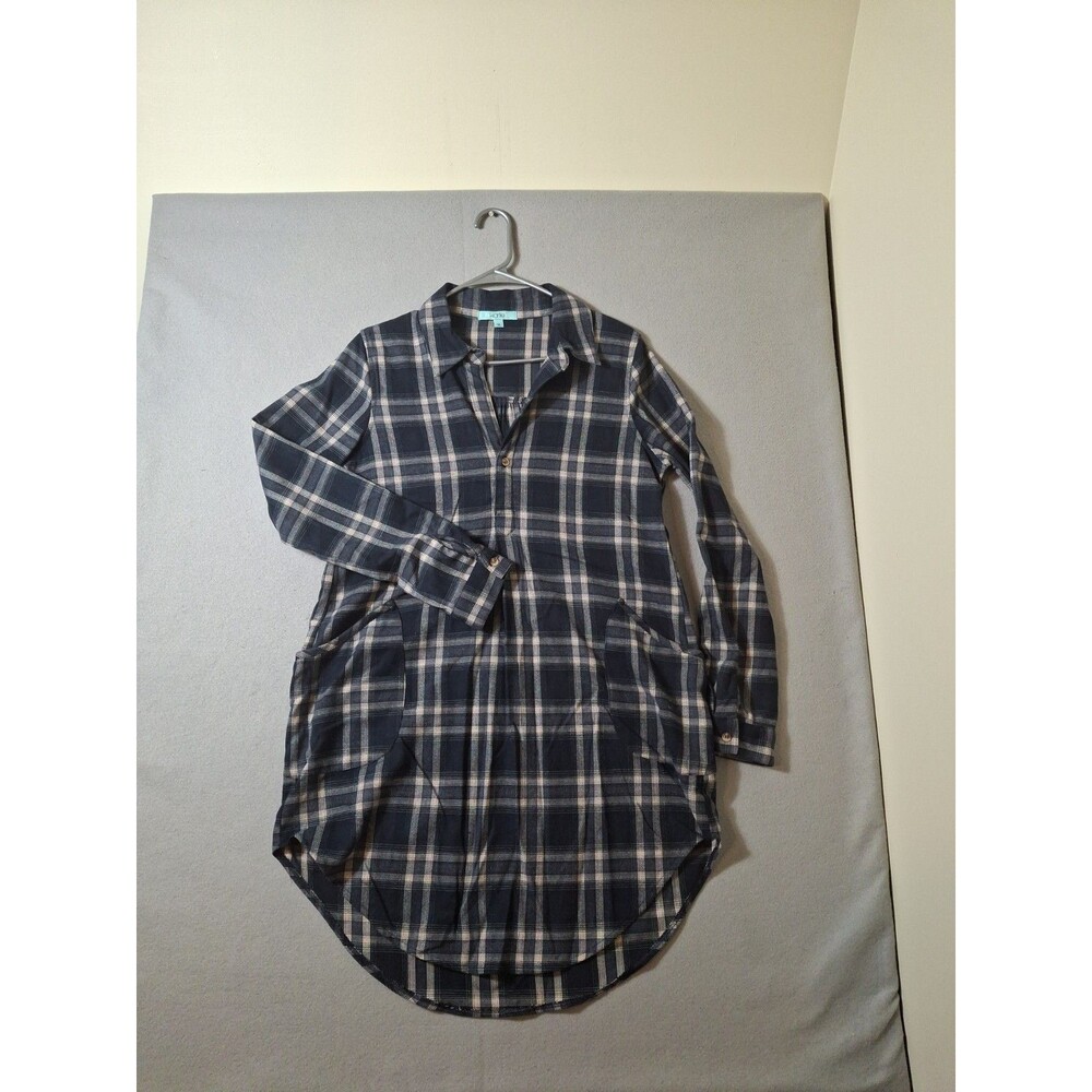 Karlie Tunic Dress Top Tartan Plaid Flannel Medium Navy Ivory Heavy Pockets